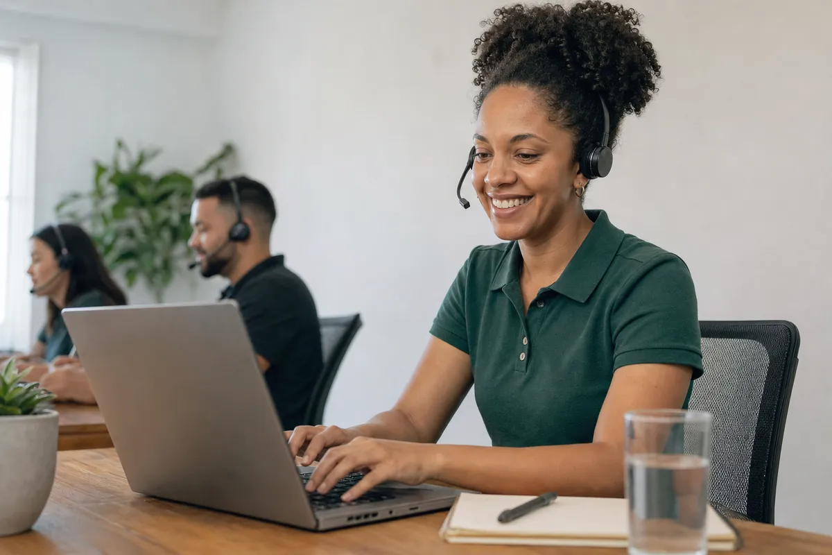 Especialista de atendimento com headset sorrindo enquanto conversa com um cliente pelo computador
