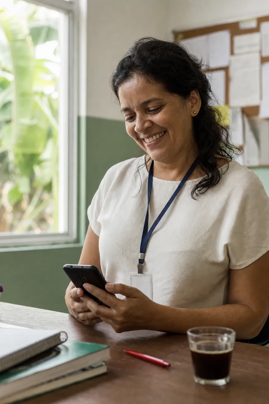 Professora da rede pública sorrindo enquanto lê uma mensagem no celular, na sala dos professores